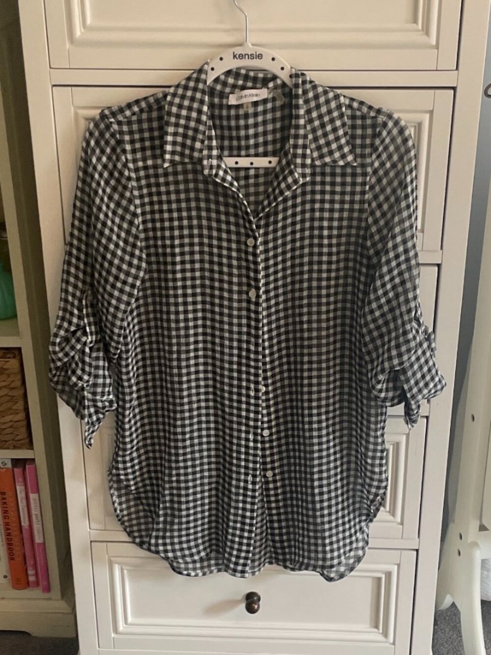 Calvin Klein Women's Small Black White Gingham Roll Tab Button Front Shirt
